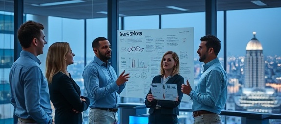 dynamic business solutions team, collaborative expressions, brainstorming ideas on a glass board, photorealistic, sleek corporate space with a view of city lights, highly detailed, colorful diagrams, fine rendering, cool blue and gray hues, illuminated by soft LED lighting, shot with a 24mm lens