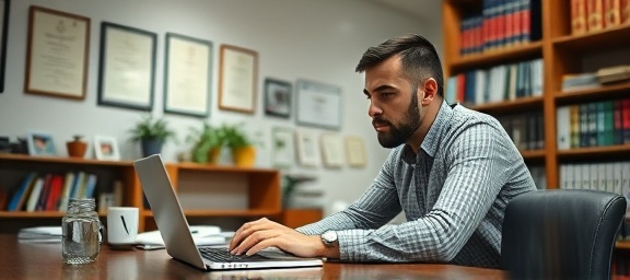 diligent bookkeeping accountant, thoughtful, entering data on laptop, photorealistic, office filled with shelves of books and certificates on the wall, highly detailed, coffee steam rising nearby, 85mm, muted tones, bright overhead light, shot with a 50mm lens.
