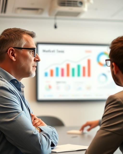 strategic business consultant, thoughtful expression, pointing at a market trend chart, photorealistic, meeting room with a projector and whiteboard, highly detailed, animated discussions, crisp details, neutral tones, warm overhead lighting, shot with a 35mm lens