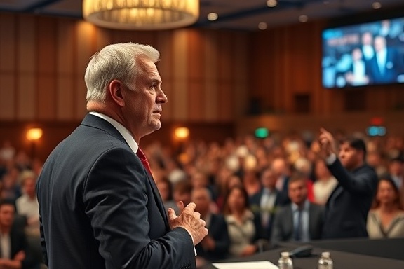 experienced business development consultant, determined expression, presenting a new proposal on stage, photorealistic, conference hall filled with an audience, highly detailed, microphones and digital screens, textured depth, vibrant colors, dramatic spotlighting, shot with an 85mm lens