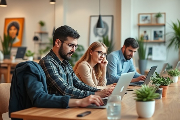 innovative business planning team, focused expressions, working on laptops and tablets, photorealistic, open-plan office with potted plants and artwork, highly detailed, movement captured, high resolution, earth-toned colors, natural ambient light, shot with a 28mm lens