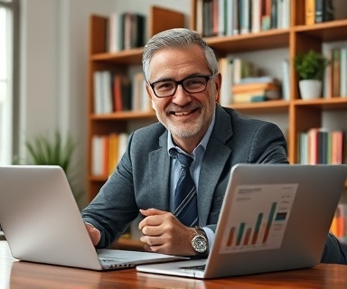 expert tax advisor, welcoming expression, advising calmly, photorealistic, a cozy office with bookshelves, highly detailed, charts displayed on a laptop, full HD clarity, vibrant rich color palette, soft diffused light, shot with a portrait lens.