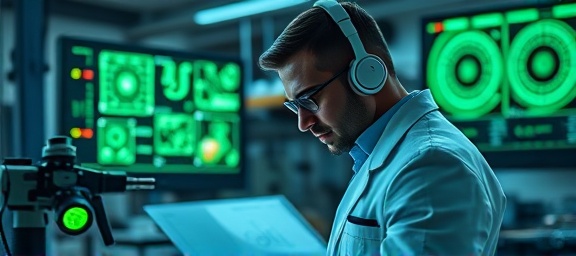 cutting-edge industry services, professional consultant, examining schematics, photorealistic, high-tech lab with holographic displays, highly detailed, innovative equipment and devices, 8k, green and silver, focused LED spotlights, shot with a RF 35mm f/1.8 Macro lens