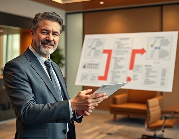 professional estate consulting, confident expression, explaining details, photorealistic, a modern office with sleek furniture, highly detailed, animation-like flow charts, ultra-crisp digital capture, warm earth tones, bright office lighting, shot with a telephoto lens.