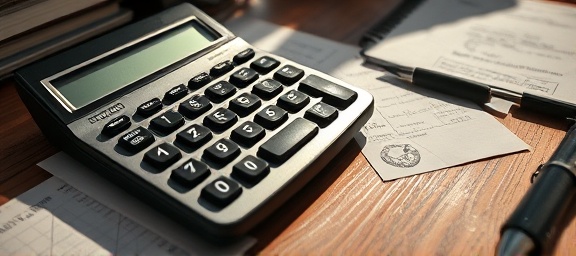 precise bookkeeping calculator, calculating, in action, photorealistic, placed on a wooden desk with scattered receipts, highly detailed, dust particles visible in sunlight, 200mm, monochrome, afternoon light, shot with a macro lens.