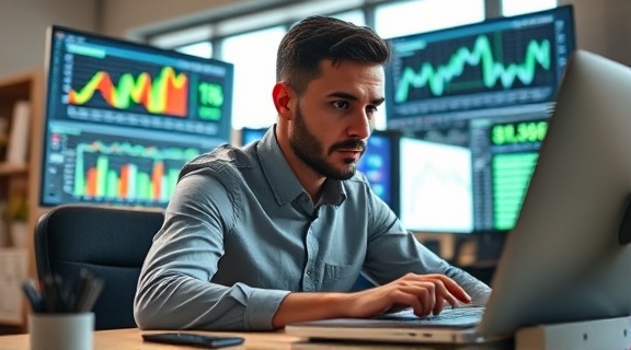 dynamic nonprofit finance analyst, engaged, interpreting financial data, photorealistic, a vibrant office with financial graphs on screens, highly detailed, keyboard clacking sounds, f/5.6, bright ambient light, shot with a 24-70mm zoom lens.