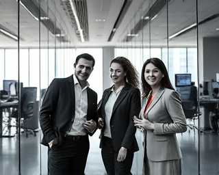dynamic CPA values, proud, demonstrating teamwork, photorealistic, within a modern office space with glass walls and digital screens, highly detailed, colleagues collaborating on a project, in-depth textures, monochromatic with a pop of primary colors, soft indoor lighting, shot with a 35mm lens.