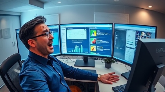 digital estate planning software, excited expression, demonstrating software, photorealistic, a sleek computer setup with multiple monitors, highly detailed, graphical interface with highlighted sections, pin-sharp image quality, high contrast digital colors, evenly lit, shot with a fisheye lens.