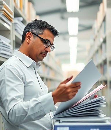 diligent tax compliance officer, meticulous, cross-referencing documents, photorealistic, bright workspace with organized shelves, highly detailed, gentle rustling sound, f/2.8, cool fluorescent lights, shot with a 24mm lens.