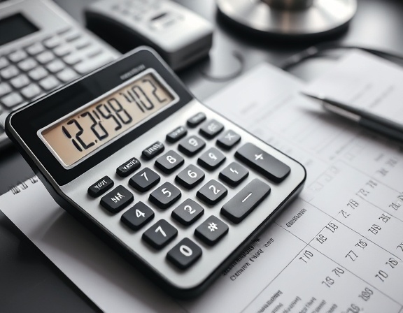 meticulous bookkeeping calculator, calculating complex numbers, photorealistic, situated on a sleek desk with modern aesthetics, highly detailed, electronic noise of calculator, 150mm, black and white, bright LED light, shot with a telephoto lens.
