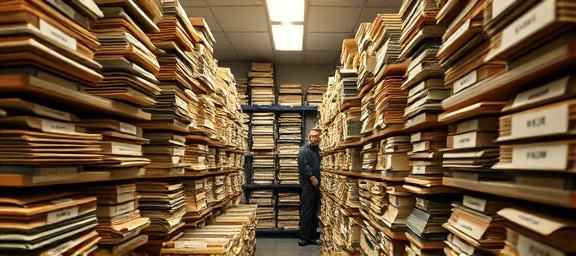 organized tax documents, meticulous clerk, sorting, photorealistic, archive room with labeled folders, highly detailed, stacks of files, earthy tones, fluorescent lighting, shot with 85mm lens