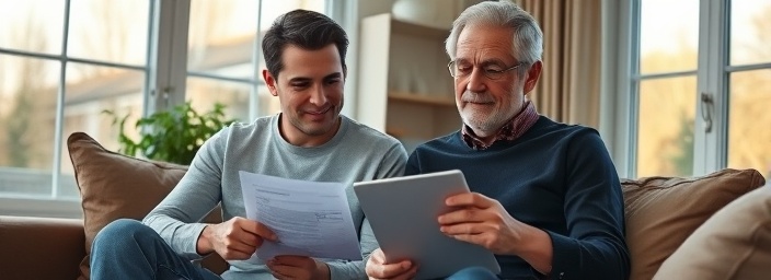 informal tax return session, relaxed couple, reviewing, photorealistic, cozy living room with windows, highly detailed, smartphone and paperwork, natural wood hues, evening sunlight, taken with 70mm lens