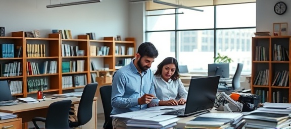 busy tax preparation services, diligent team, collaborating, photorealistic, open-plan office with bookshelves, highly detailed, paperwork scattered, efficient workflow, cool tones, natural daylight, captured with 35mm lens