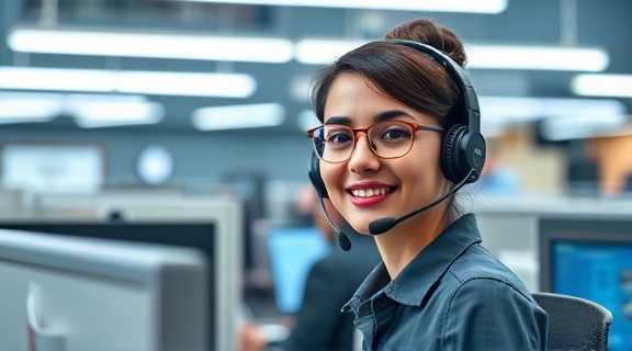comprehensive industry support, attentive customer service representative, offering assistance, photorealistic, call center with modern cubicles and headsets, highly detailed, digital monitors displaying data, 4k, cool tones, balanced fluorescent lighting, shot with a Sigma 30mm f/1.4 DC lens