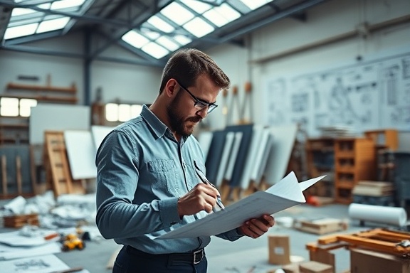 innovative industry solutions, focused engineer, sketching designs, photorealistic, creative studio with drawing boards and models, highly detailed, scattered blueprints and tools, 7k, vibrant colors, ambient natural light from skylights, shot with a Leica 50mm f/2 Summicron lens