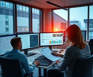 coordinated CPATeam workflow, efficient, reviewing, photorealistic, modern office with multiple screens, highly detailed, team members highlighting documents, Fujifilm X-T4, vibrant colors, evening lighting with golden rays, shot with a 50mm f/1.2 lens.