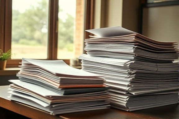 extensive bookkeeping paperwork, neatly stacked, ready for filing, photorealistic, industrial office table by the window, highly detailed, breeze rustling through the open window, 60mm, earth tones, soft diffused lighting, shot with a 35mm lens.
