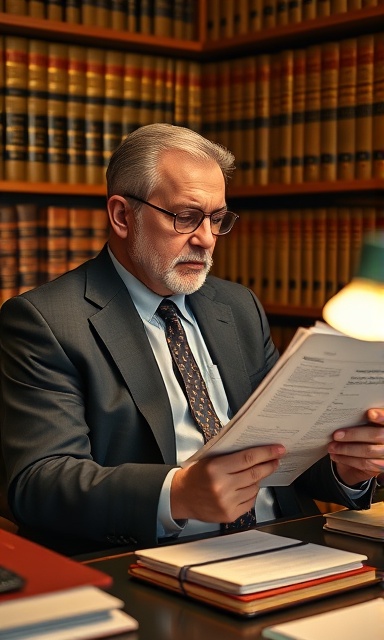 experienced tax consultant, thoughtful, reviewing tax forms, photorealistic, cozy office filled with law books, highly detailed, occasional page flips, low ISO, warm incandescent lighting, shot with a 35mm lens.