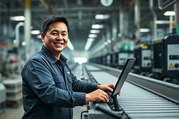 advanced industry services, smiling technician, operating machinery, photorealistic, spacious factory floor with automated systems, highly detailed, moving conveyor belts, 8k, metallic hues, bright overhead lighting, shot with a Nikon 35mm f/1.8G lens