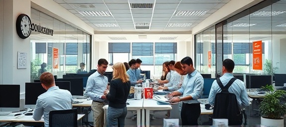 busy bookkeeping office, bustling, colleagues discussing reports, photorealistic, spacious office with glass partitions, highly detailed, wall clock and motivational posters, 135mm, neutral colors, daylight, shot with a 24-105mm lens.