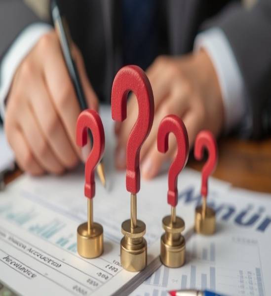 Questions marks over accounting ledger representing financial queries.